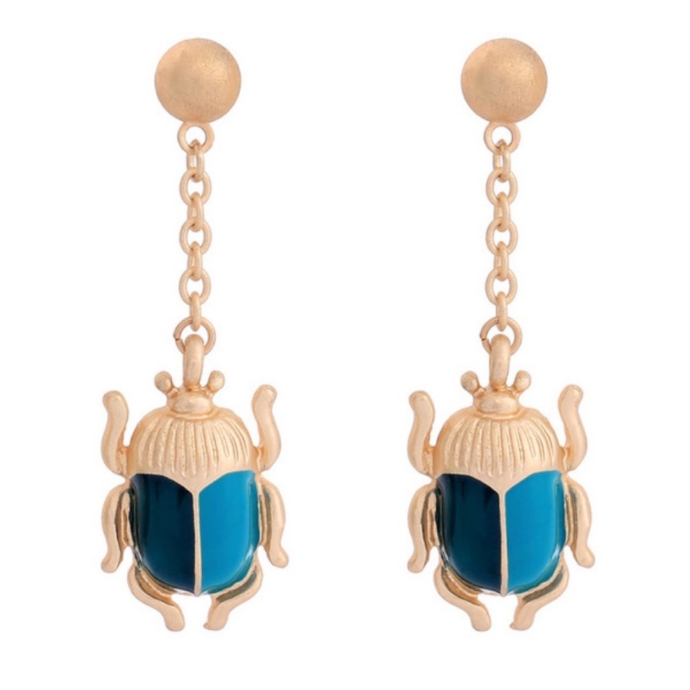 ✨HP✨ Gold Blue Beetle Bug Dangle Drop Statement Earrings